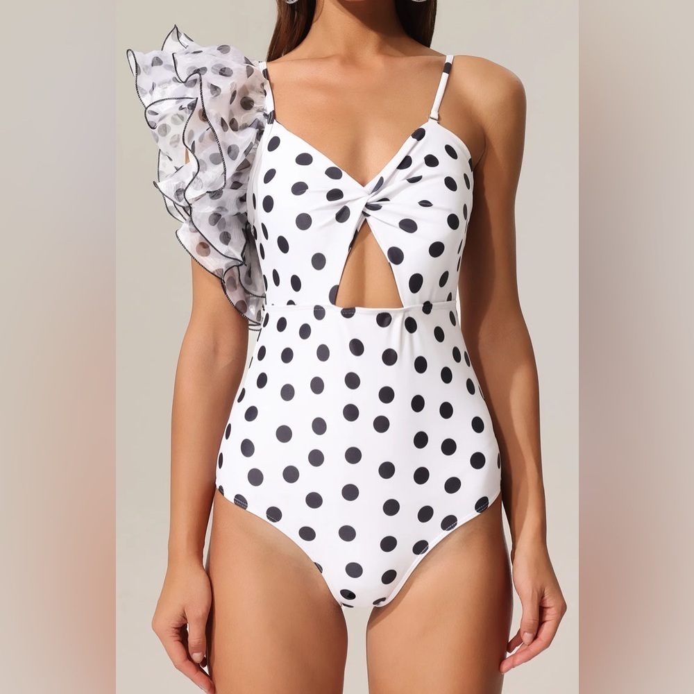 NWT One Shoulder Ruffle Polka Dot One Piece Swimsuit - Picture 7 of 10